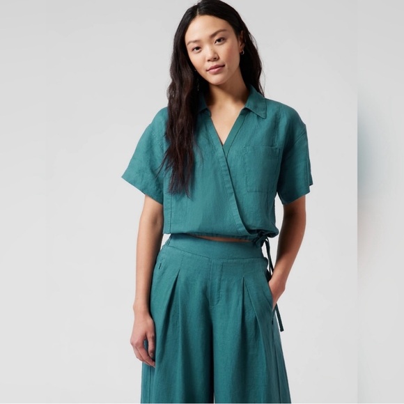 Athleta Other - Athleta Teal Playa Linen Top & Pants Set Women’s L/16 Resort Wear